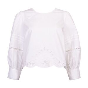French Connection White Linen Long Puff Sleeve Blouse Top with Lace Details